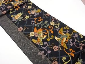 尾長鶏に花唐草模様織出し袋帯